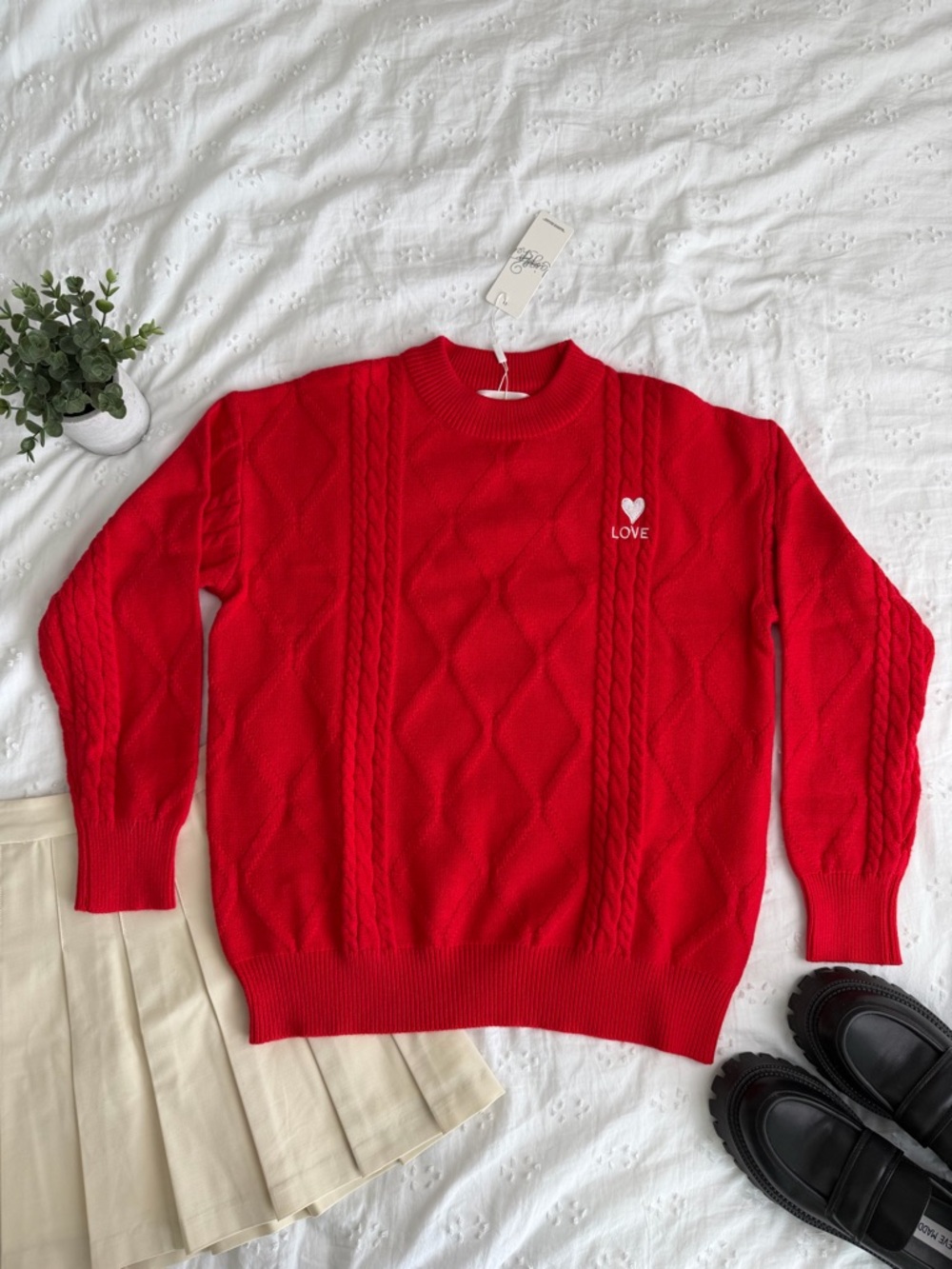 Red Love Heart Cable Knit Sweater